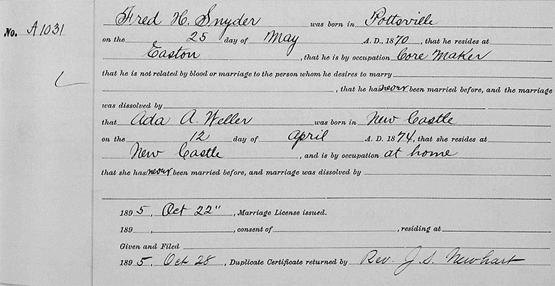 Marriage Registration of Frederick H. Snyder and Ada A. Weller - 22 October 1895