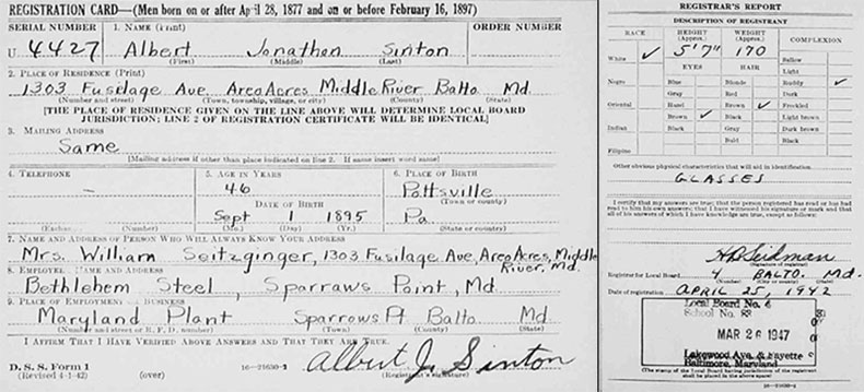 World War II Draft Registration of Albert Jonathon Sinton