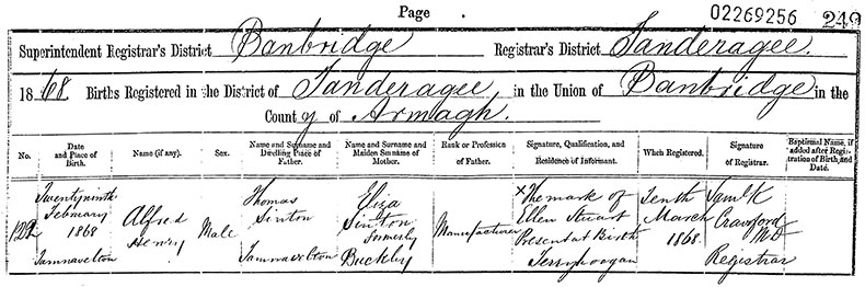 Birth Certificate of Alfred Henry Hesilrige Sinton - 29 February 1868