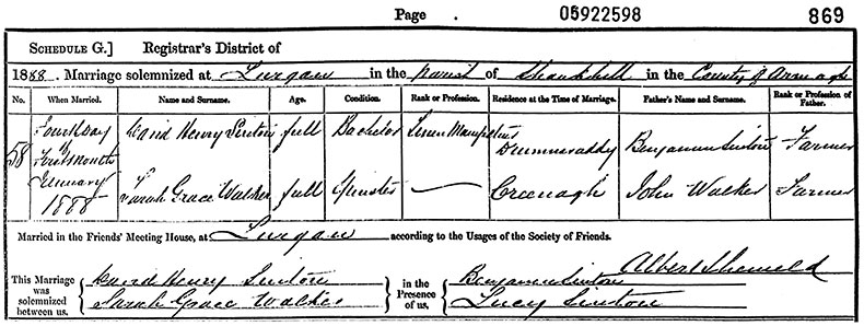 Marriage Certificate of David Henry Sinton and Sarah Grace Walker - 4 January 1888