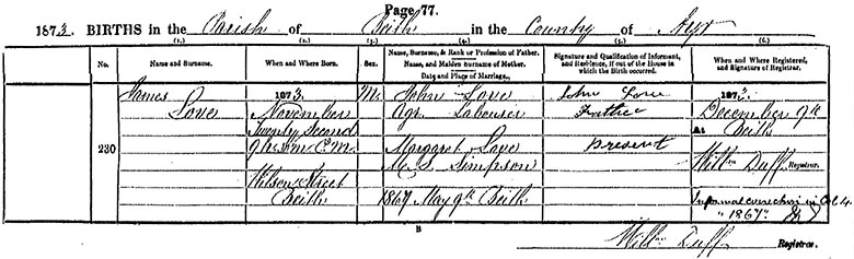 Birth Certificate of James Love - 22 November 1873