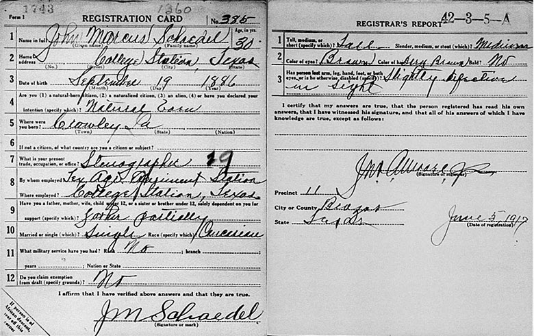 World War I Draft Registration of John Marcus Schaedel