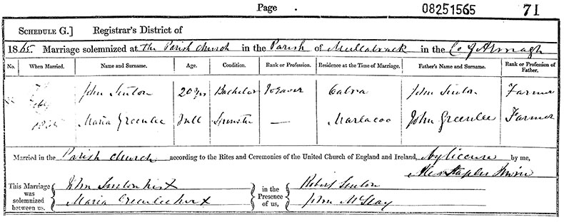 Marriage Certificate of John Sinton and Maria Greenlee - 17 February 1865