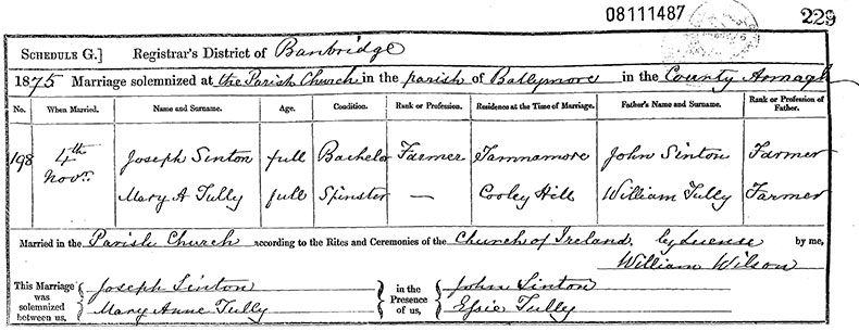 Marriage Certificate of Joseph Sinton and Mary Ann Tully - 14 November 1875