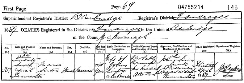 Death Certificate of Maria Sinton (née Greenlee) - 26 April 1889