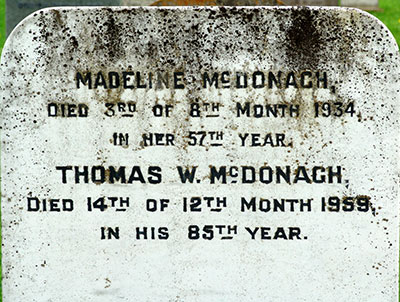 Headstone of Madeline McDonagh (née Ross) 1877 - 1934