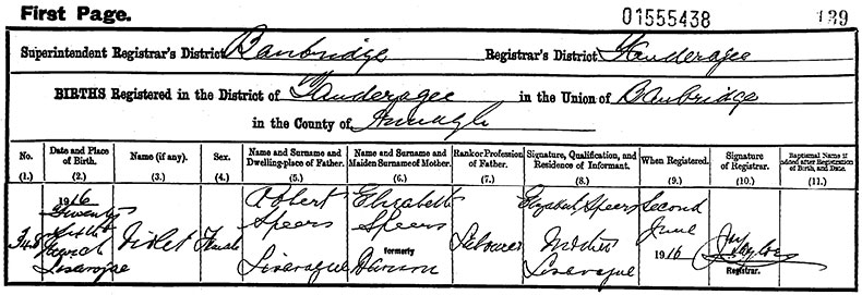 Birth Certificate of Violet Speers - 26 March 1916