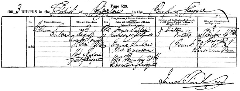 Birth Certificate of William Sinton - 24 August 1903