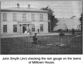 John Smyth checking the rain guage on the lawns of Milltown House