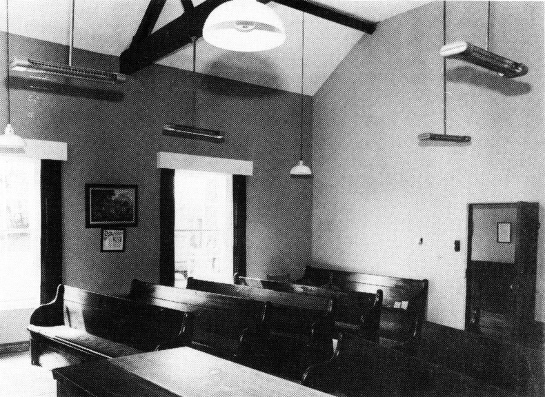 Interior of the Old Meeting House, 1984 showing seats from the Maghaberry Meeting