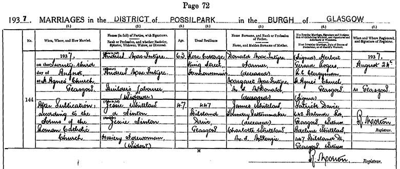 Marriage Certificate of Andrew MacIntyre  and Jane Sinton - 23 August 1937