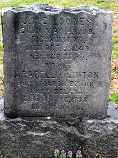 Headstone of Arabella Sinton Lowndes 1810 - 1893