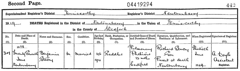 Death Certificate of Benjamin Stacey - 27 June 1919