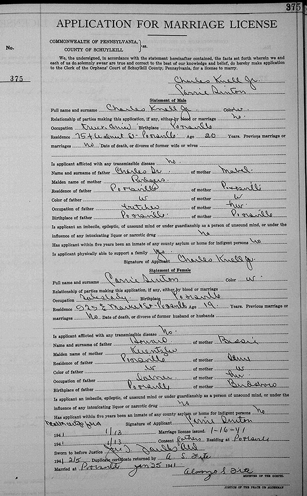 Marriage License of Carrie Eleanor Sinton and Charles William Knell