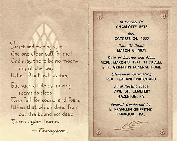 Memorial Card for Charlotte Johns Betz