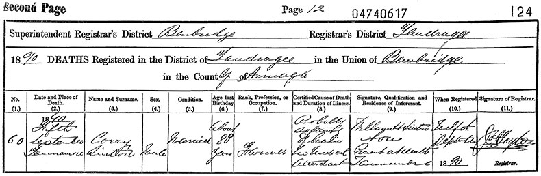 Death Certificate of Corry Sinton - 5 September 1890