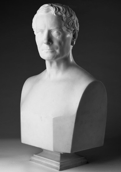 Marble portrait bust of David Sinton created by Hiram Powers in 1870
