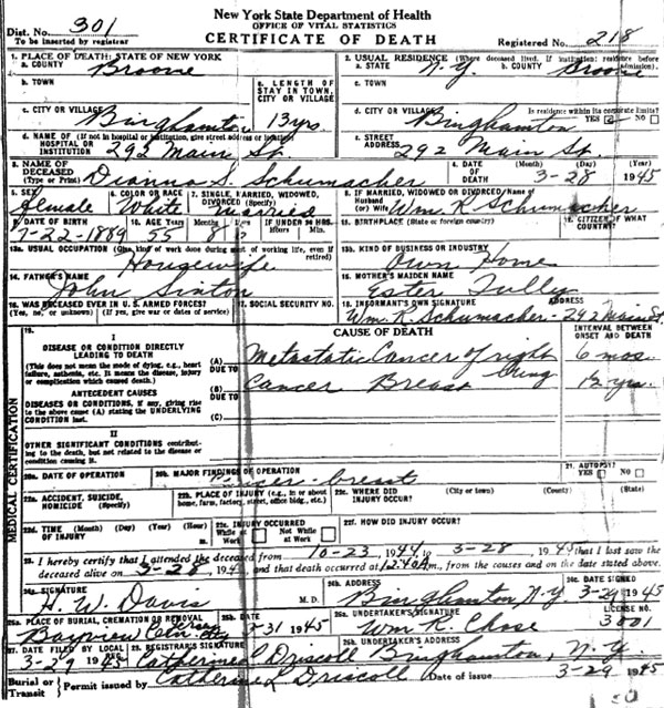 Death Certificate of Deanie Schumacher (née Sinton) 1886 - 1945