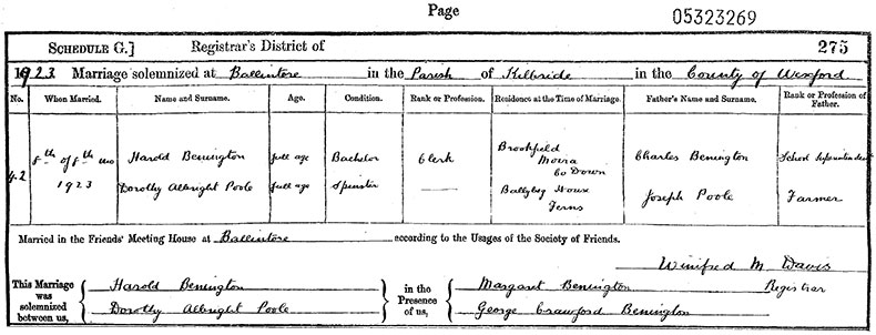 Marriage Certificate of Harold Benington and Dorothy Albright Poole - 8 August 1923