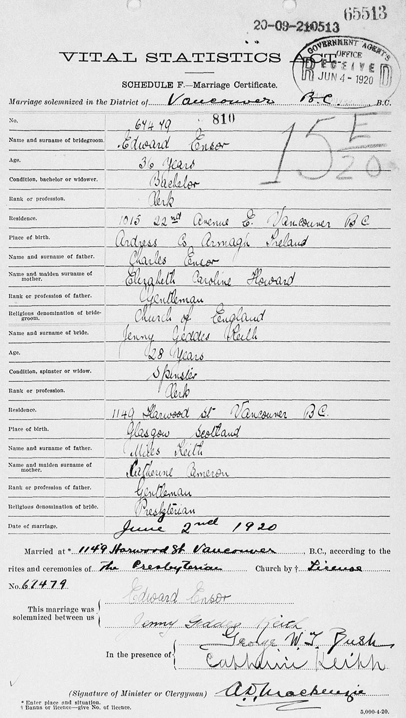 Marriage Certificate of Edward Ensor and Jenny Geddes Keith - 2 June 1920