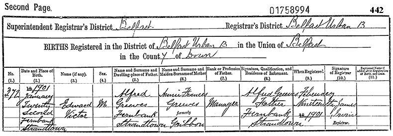 Birth Certificate of Edward Victor Greeves - 22 January 1901
