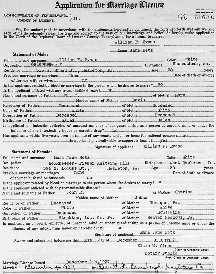 Marriage of William F. Evans and Emma Jane Betz - 4 December 193