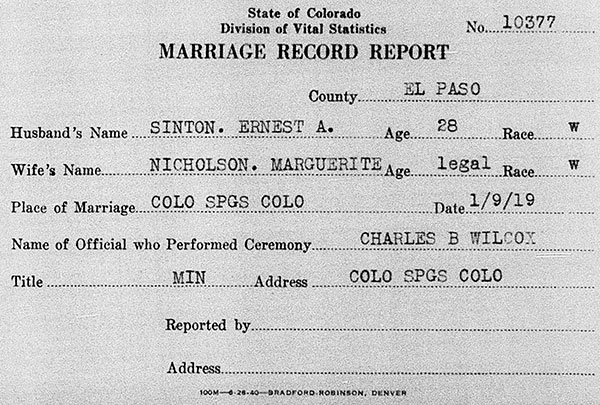 Marriage Record Report of Ernest Albert Sinton and Marguerite Nicholson