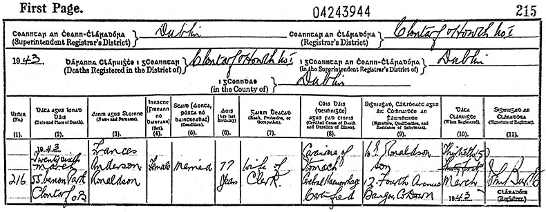 Death Certificate of Frances Anderson Ronaldson (née Hunt) - 26 March 1943