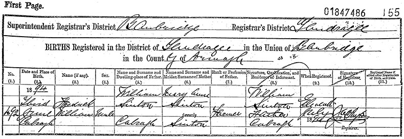 Birth Certificate of Frederick William Sinton - 3 June 1894