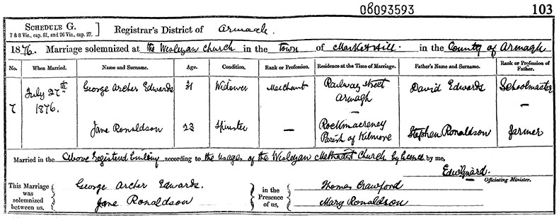 Marriage Certificate of George Archer Edwards and Jane Ronaldson - 27 July 1876