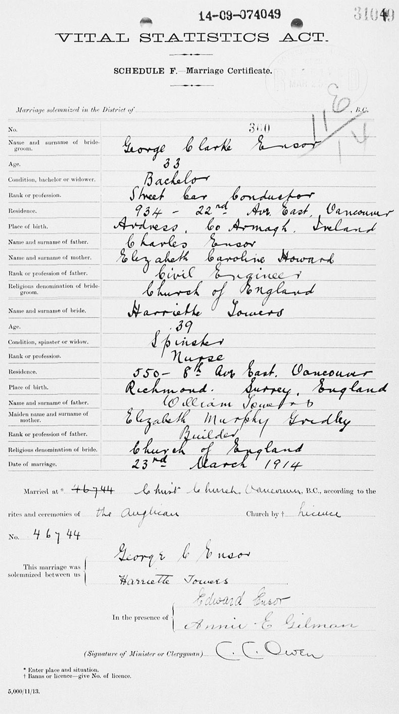 Marriage Certificate of George Clarke Ensor and Harriette Towers - 23 March 1914