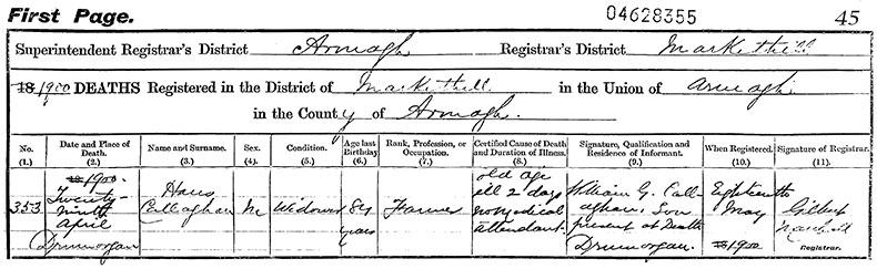 Death Certificate of Hans Callaghan - 29 April 1900