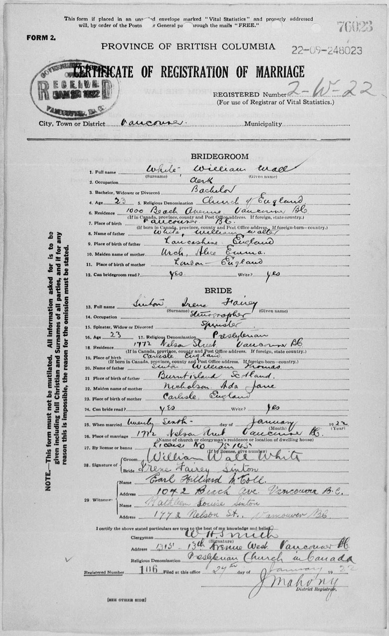 Marriage Certificate of William White and Irene Sinton