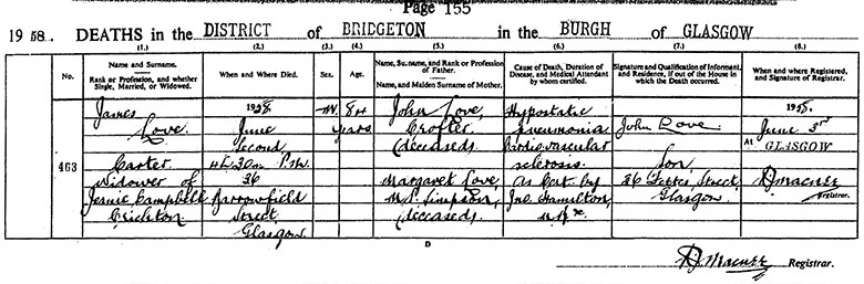 Death Certificate of James Love - 2 June 1958