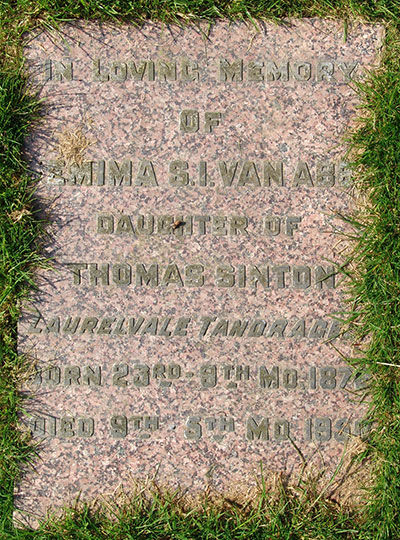 Headstone of Jemima Sarah Isabella Van Abbe (née Sinton) 1872 - 1952