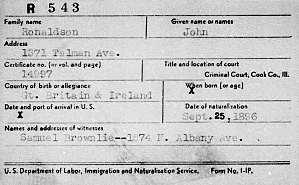 Naturalisation document for John Ronaldson