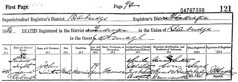 Death Certificate of John Sinton - 26 June 1886