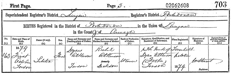 Birth Certificate of Letitia Atkinson - 1 October 1879