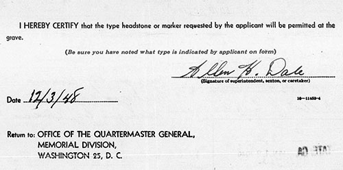 Headstone approval record for Louis Nelson Miles