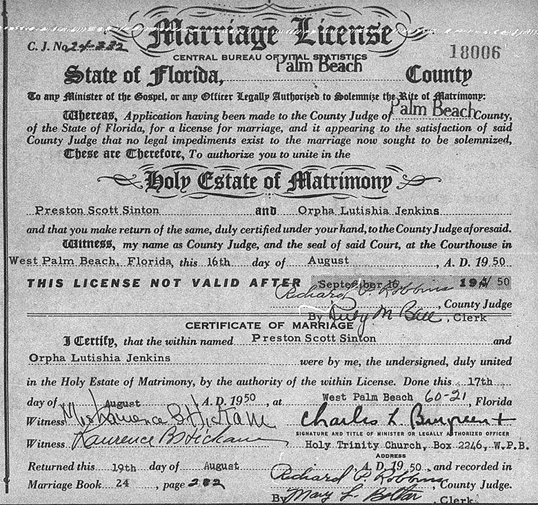 Marriage of Preston Brown Scott Sinton and Orpha Lutishia Jenkins - 17 August 1950