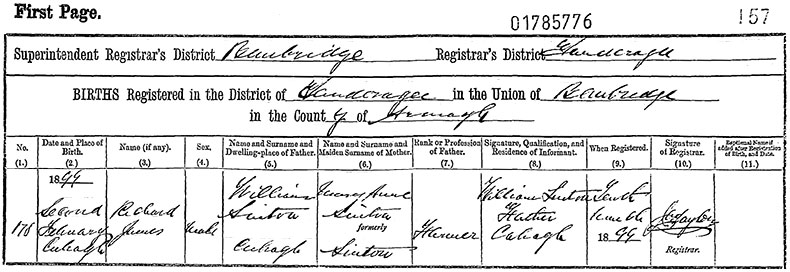 Birth Certificate of Richard James Sinton - 2 February 1899
