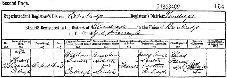 Birth Certificate of Robert Francis Sinton - 30 December