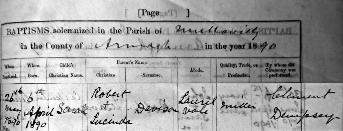 Baptismal Record for Sarah Davison