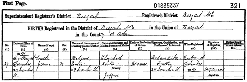 Birth Certificate of Walter James Sinton - 18 December 1891