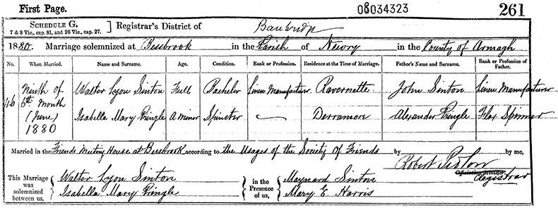 Marriage Certificate of Walter Lyon Sinton and Isabella Mary Pringle - 9 Jun 1880
