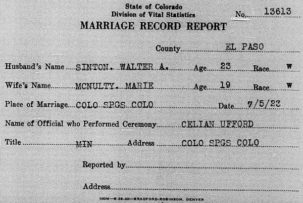 Marriage record for Walter A. Sinton and Marie McNulty 5 July 1923