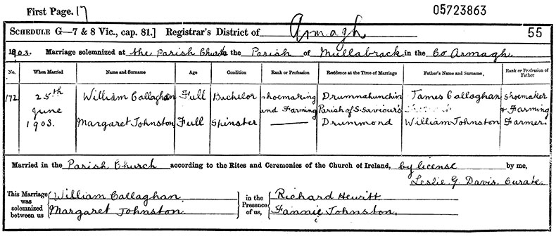 Marriage Certificate of William Callaghan and Margaret Johnston - 25 June 1903