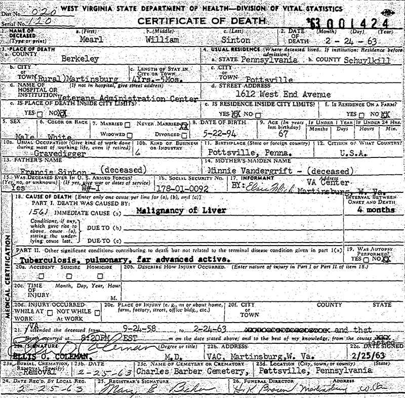 Death Certificate of William Merle Sinton 1894 - 1963