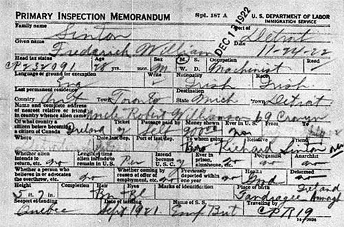 Frederick William Sinton - Detroit Manifest of Arrivals at the Port of Detroit