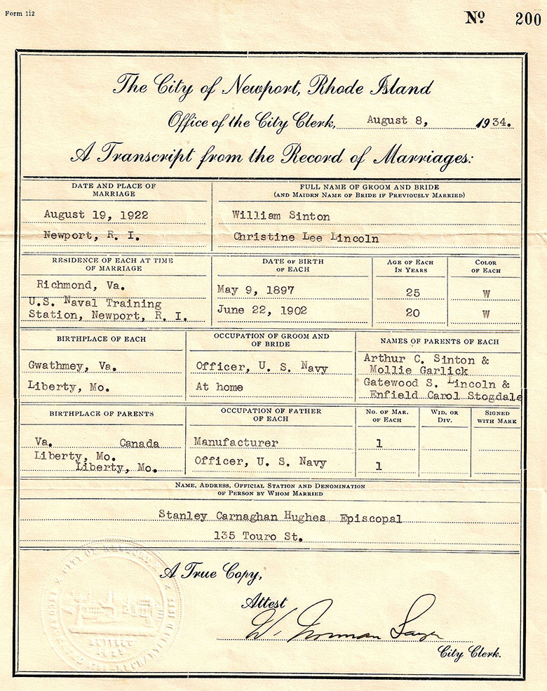 Marriage details of William Sinton and Christine Lee Lincoln